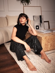 Mint Velvet Black Sequin Velvet Trousers - Image 4 of 6