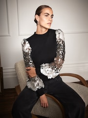Mint Velvet Black Sequin Sleeve Jumper - Image 1 of 7