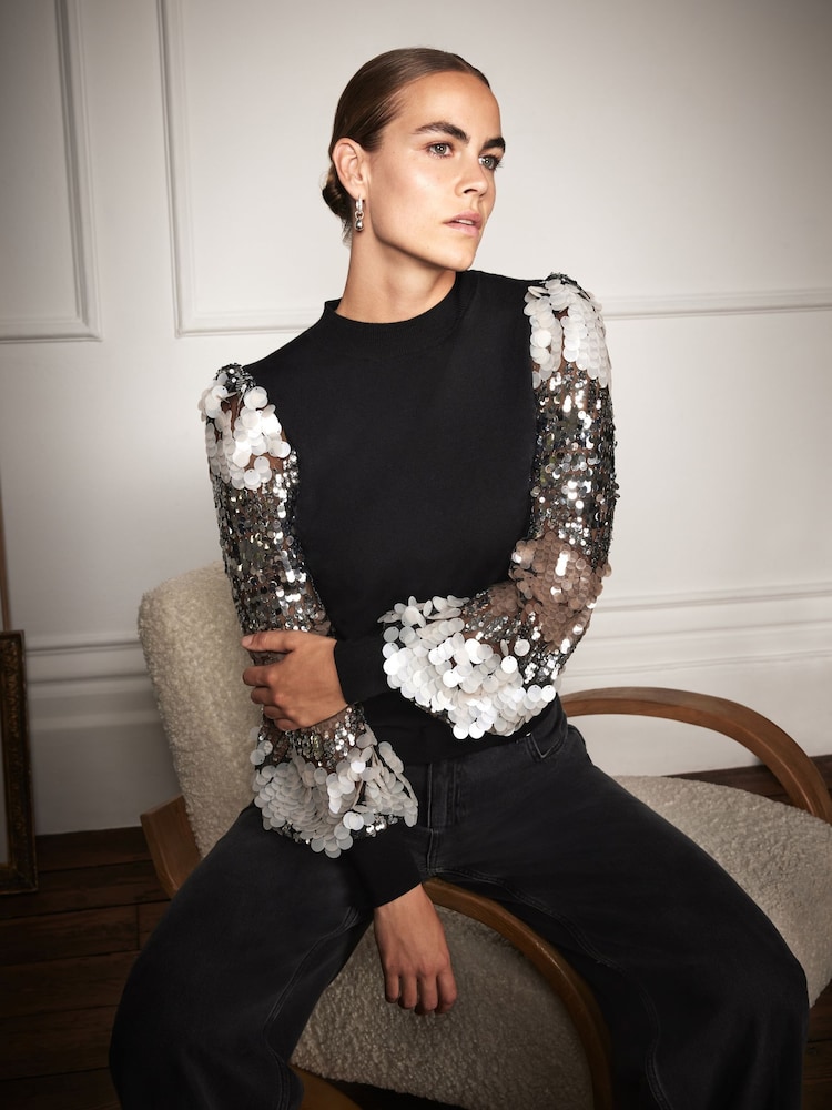 Mint Velvet Black Sequin Sleeve Jumper - Image 1 of 7