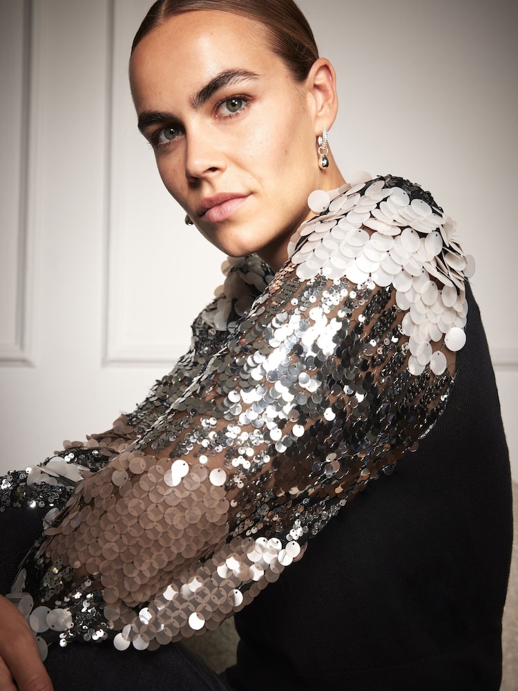 Mint Velvet Black Sequin Sleeve Jumper - Image 2 of 7