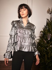 Mint Velvet Silver Ruffle Blouse - Image 1 of 7
