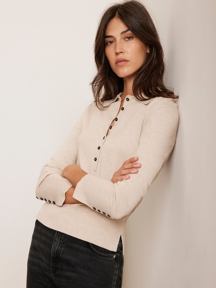 Mint Velvet Cream Cotton Blend Polo Knit Top - Image 1 of 7 Mint Velvet Cream Cotton Blend Polo Knit Top - Image 1 of 7