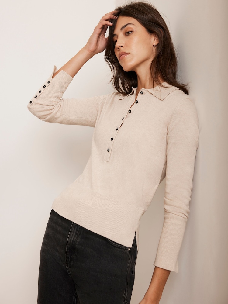 Mint Velvet Cream Cotton Blend Polo Knit Top - Image 2 of 7 Mint Velvet Cream Cotton Blend Polo Knit Top - Image 2 of 7
