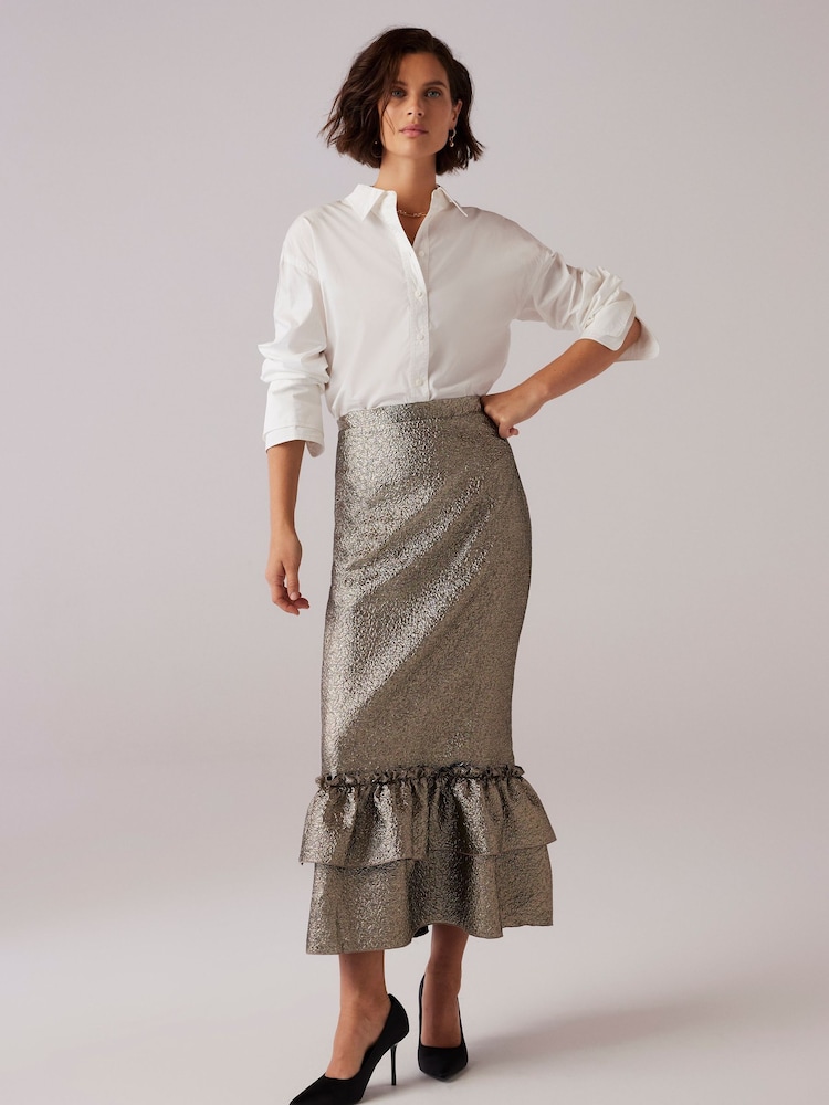 Mint Velvet Gold Metallic Ruffle Hem Midi Skirt - Image 1 of 7
