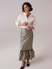 Mint Velvet Gold Metallic Ruffle Hem Midi Skirt - Image 2 of 7