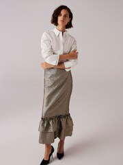 Mint Velvet Gold Metallic Ruffle Hem Midi Skirt - Image 4 of 7