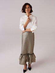 Mint Velvet Gold Metallic Ruffle Hem Midi Skirt - Image 5 of 7