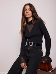 Mint Velvet Black Tulle Cuff Knit Top - Image 1 of 7
