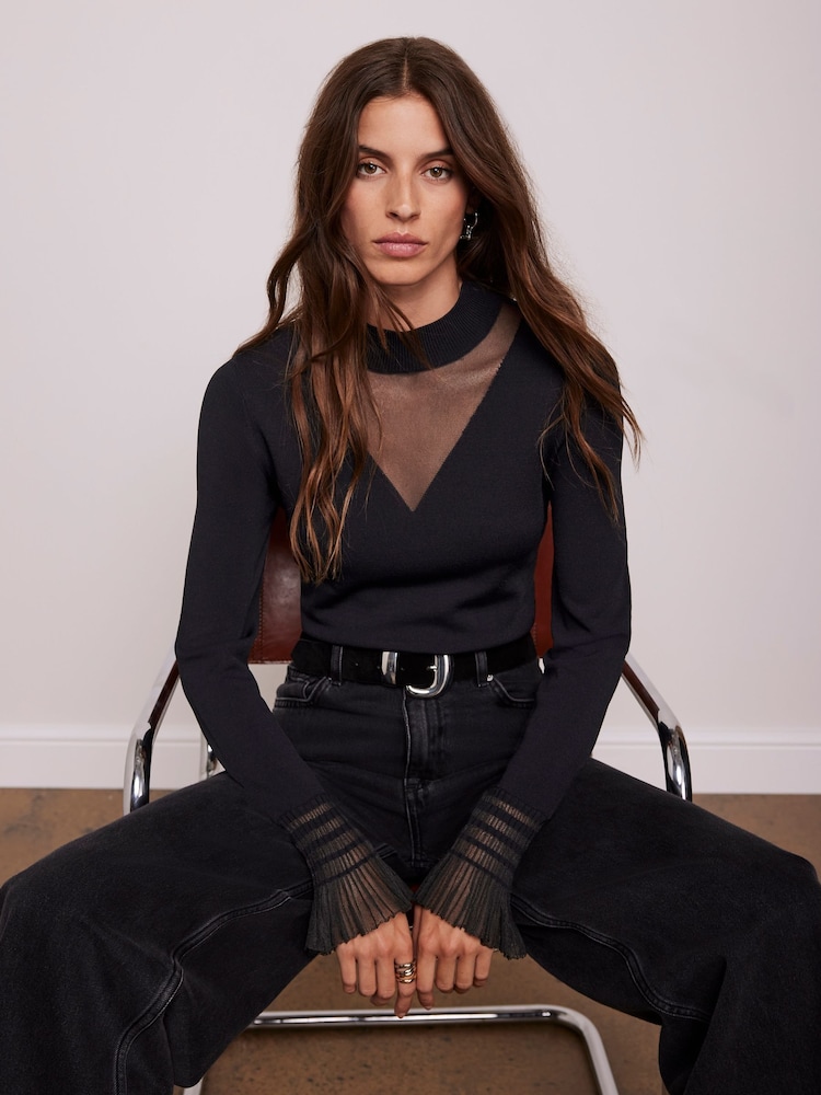 Mint Velvet Black Tulle Cuff Knit Top - Image 2 of 7