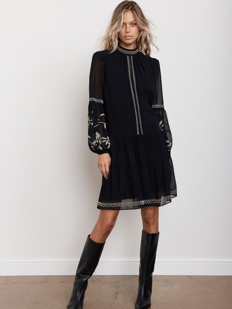 Mint Velvet Black Embroidered Gold Mini Dress - Image 1 of 7