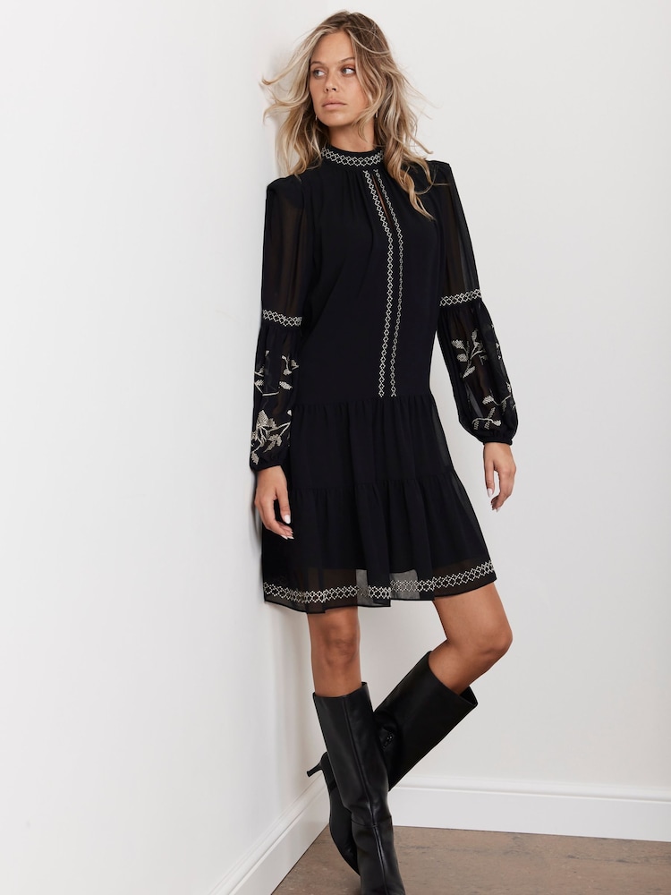 Mint Velvet Black Embroidered Gold Mini Dress - Image 2 of 7