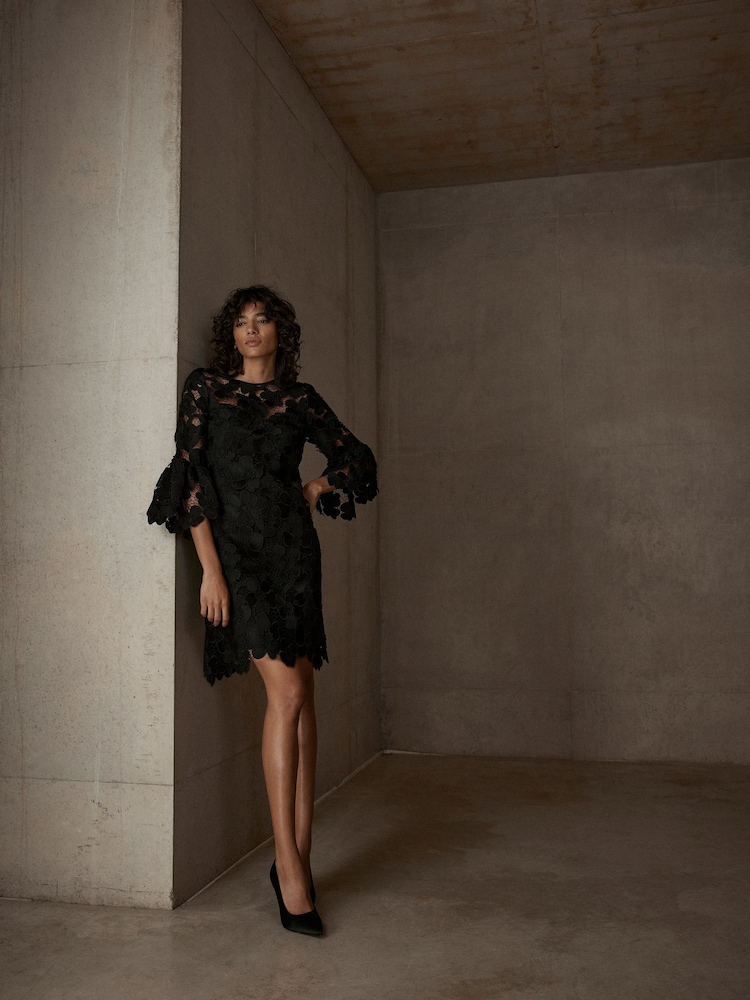Mint Velvet Black Floral Lace Mini Dress - Image 1 of 7