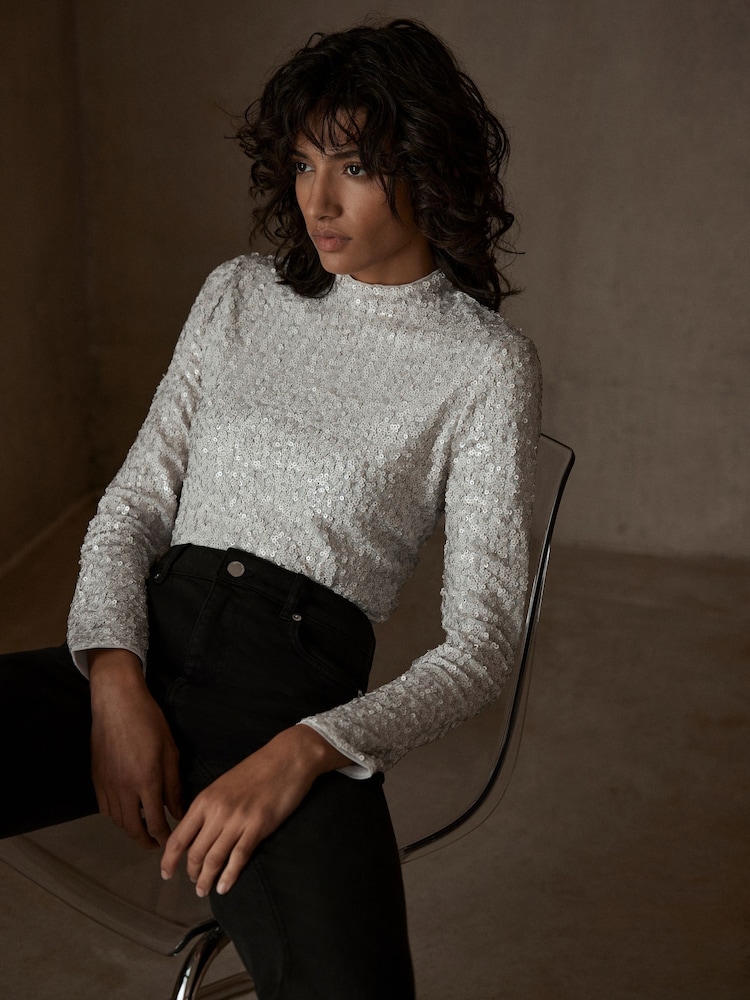 Mint Velvet Metallic Sequin Polo Top - Image 1 of 7 Mint Velvet Metallic Sequin Polo Top - Image 1 of 7