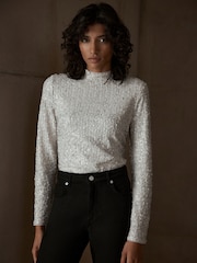 Mint Velvet Metallic Sequin Polo Top - Image 3 of 7