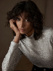 Mint Velvet Metallic Sequin Polo Top - Image 4 of 7