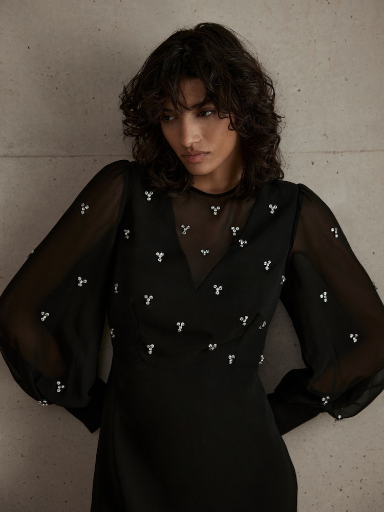Mint Velvet Black Diamante Detail Mini Dress - Image 2 of 7