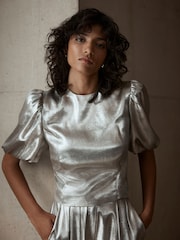 Mint Velvet Gold Metallic Puff Sleeve Top - Image 1 of 7