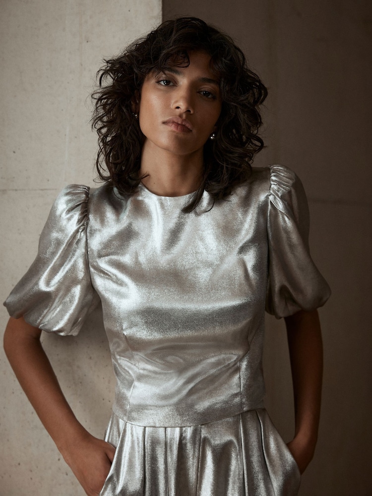 Mint Velvet Gold Metallic Puff Sleeve Top - Image 1 of 7