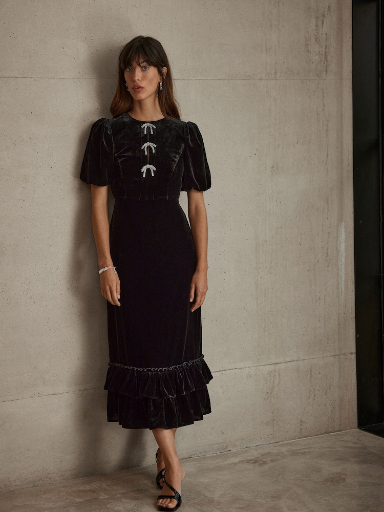 Mint Velvet Black Velvet Bow Detail Midi Dress - Image 1 of 7