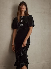 Mint Velvet Black Velvet Bow Detail Midi Dress - Image 2 of 7
