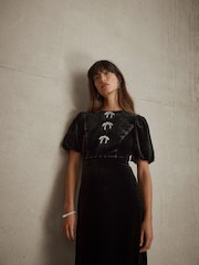 Mint Velvet Black Velvet Bow Detail Midi Dress - Image 3 of 7