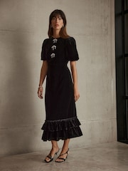 Mint Velvet Black Velvet Bow Detail Midi Dress - Image 5 of 7