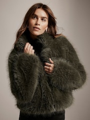 Mint Velvet Green Faux Fur Cropped Jacket - Image 1 of 5