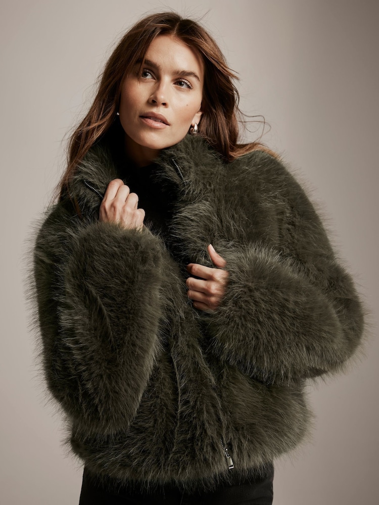 Mint Velvet Green Faux Fur Cropped Jacket - Image 1 of 5