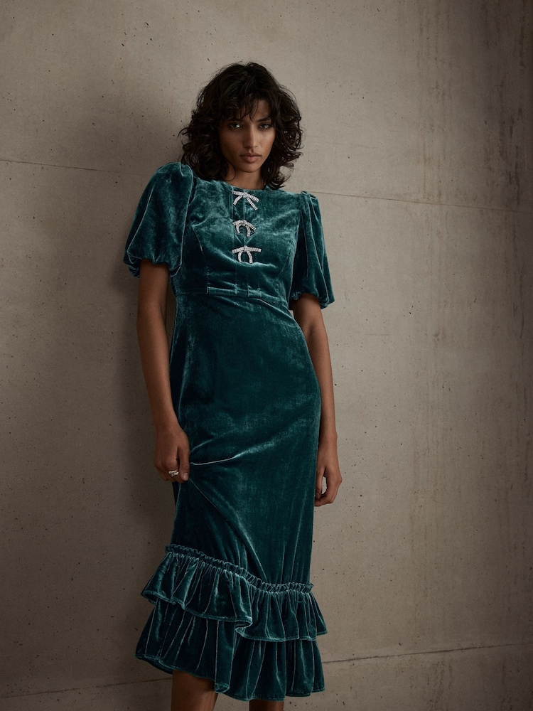Mint Velvet Green Velvet Bow Detail Midi Dress - Image 1 of 7 Mint Velvet Green Velvet Bow Detail Midi Dress - Image 1 of 7