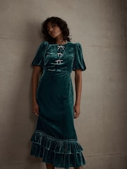 Mint Velvet Green Velvet Bow Detail Midi Dress - Image 2 of 7