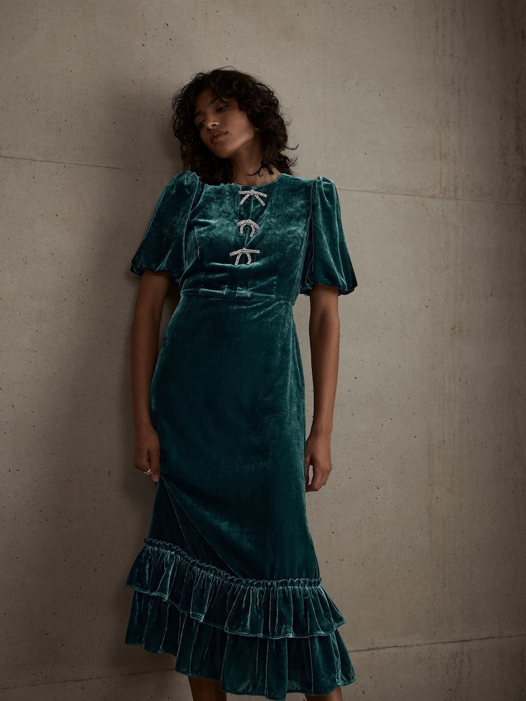 Mint Velvet Green Velvet Bow Detail Midi Dress - Image 2 of 7 Mint Velvet Green Velvet Bow Detail Midi Dress - Image 2 of 7