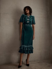Mint Velvet Green Velvet Bow Detail Midi Dress - Image 5 of 7