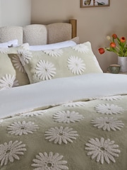 Green Fleece Daisy Floral Jacquard Duvet Cover and Pillowcase Set - Image 2 of 4