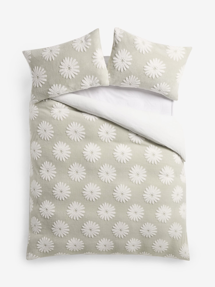 Green Fleece Daisy Floral Jacquard Duvet Cover and Pillowcase Set - Image 2 of 4