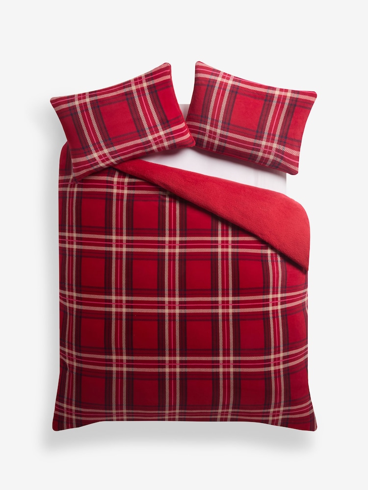 Red Check Fleece Duvet Cover and Pillowcase Set - Image 1 of 1