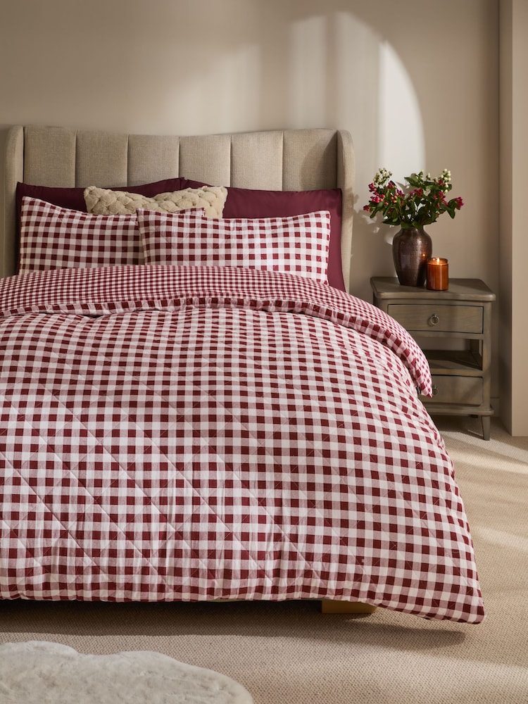 Red Gingham Brushed Quilted Reversible Duvet Cover and Pillowcase Set - Image 1 of 5 Red Gingham Brushed Quilted Reversible Duvet Cover and Pillowcase Set - Image 1 of 5