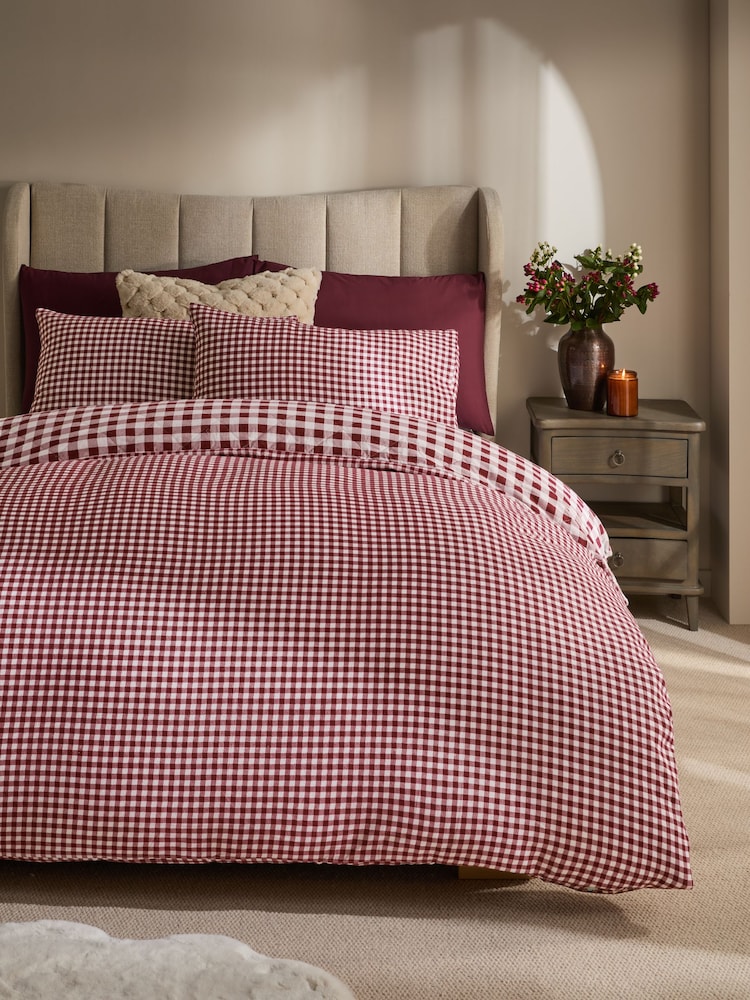 Red Gingham Brushed Quilted Reversible Duvet Cover and Pillowcase Set - Image 2 of 5 Red Gingham Brushed Quilted Reversible Duvet Cover and Pillowcase Set - Image 2 of 5