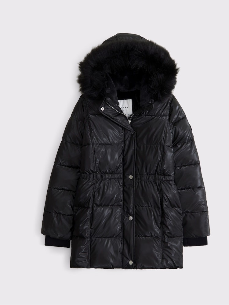 Abercrombie & Fitch Long Line Faux Fur Hood Parka Black Jacket - Image 1 of 3