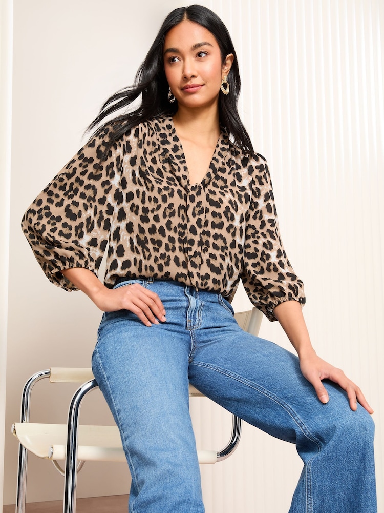 Friends Like These Brown Animal V-Neck Bow Front 3/4 Sleeve Blouse - Image 1 of 4
