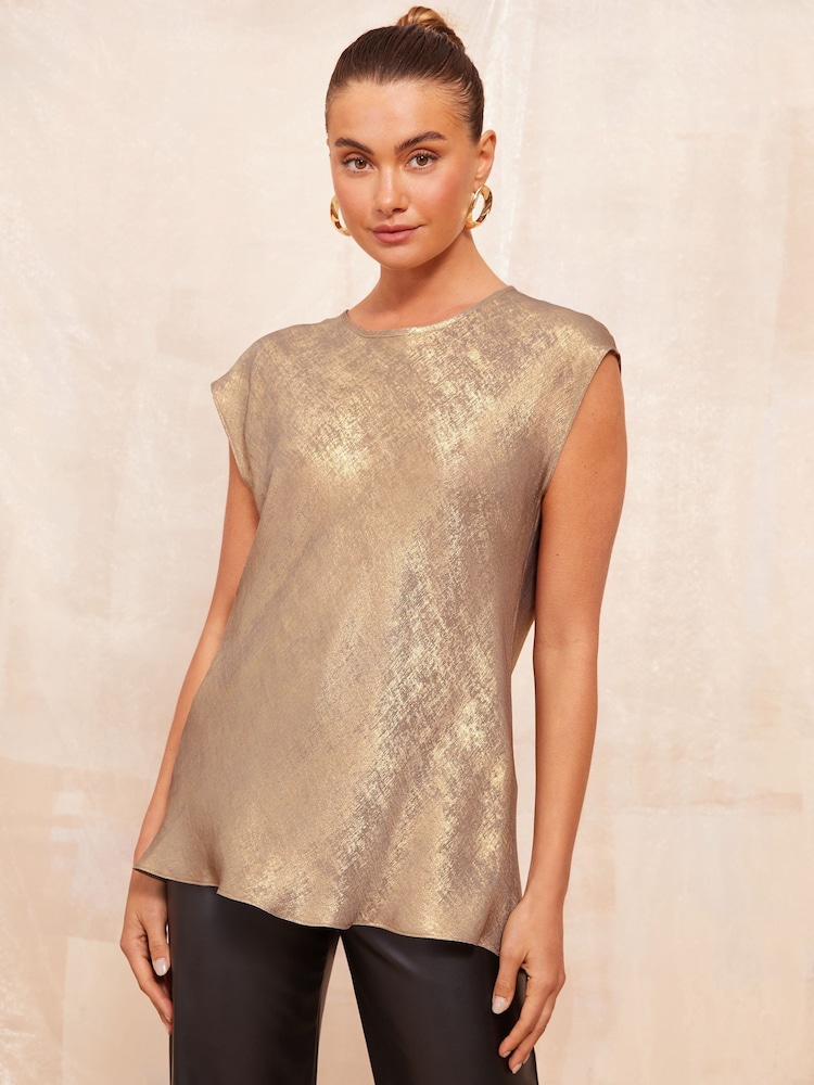 Friends Like These Gold Woven Lightweight Short Sleeve Blouse - Image 1 of 4
