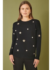 Yumi Black Relaxed Fit Foil Star Print Jumper - Image 1 of 4