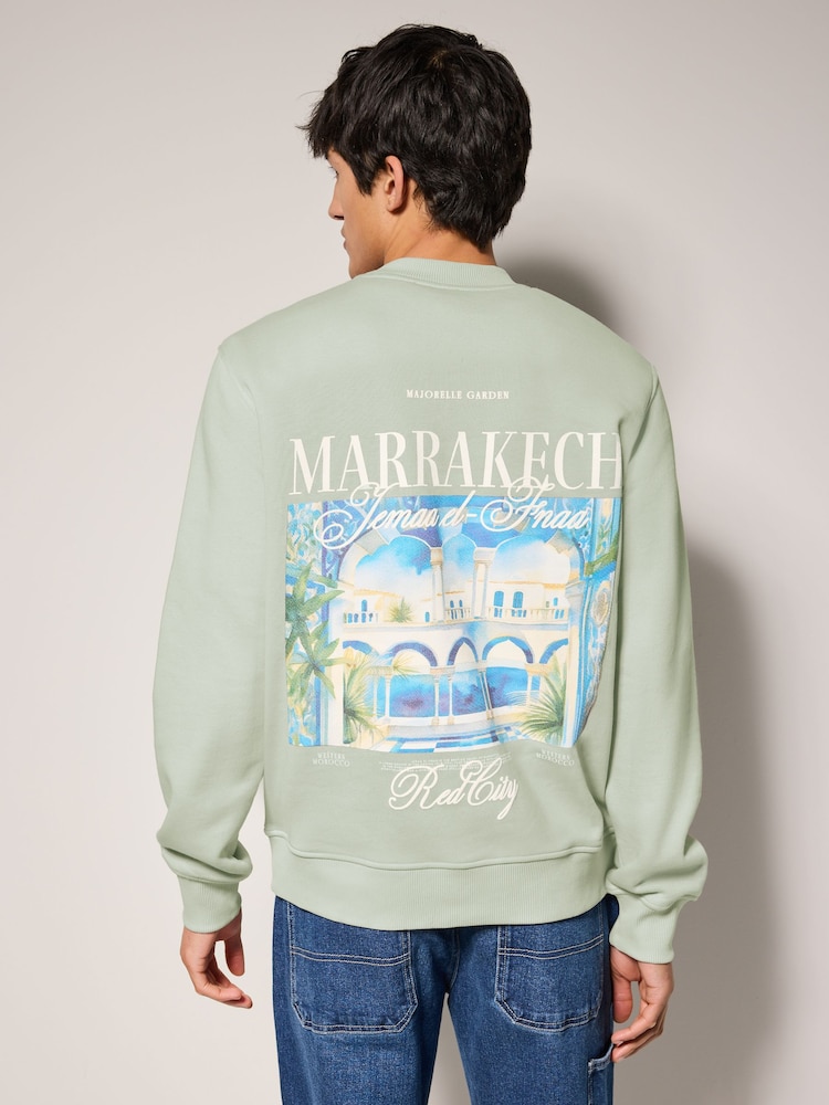 Light Green Cotton Rich Crew Graphic Print Sweatshirt - Image 1 of 5 Light Green Cotton Rich Crew Graphic Print Sweatshirt - Image 1 of 5
