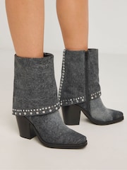 Simply Be Grey Western Cuff Studded Ankle Boots In Wide Fit - Image 1 of 4