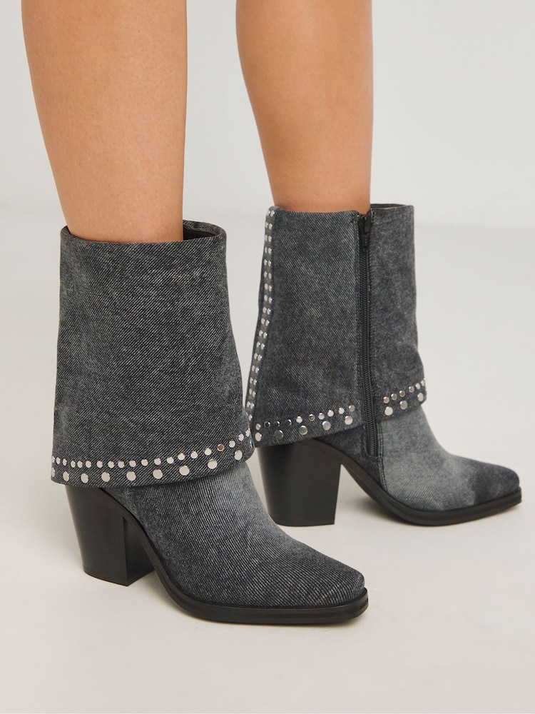 Simply Be Grey Western Cuff Studded Ankle Boots In Wide Fit - Image 1 of 4