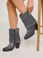 Simply Be Grey Western Cuff Studded Ankle Boots In Wide Fit - Image 3 of 4