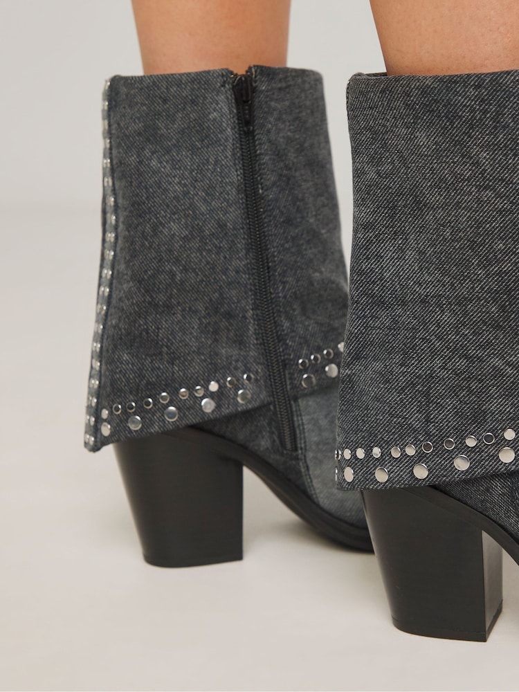 Simply Be Grey Western Cuff Studded Ankle Boots In Wide Fit - Image 4 of 4