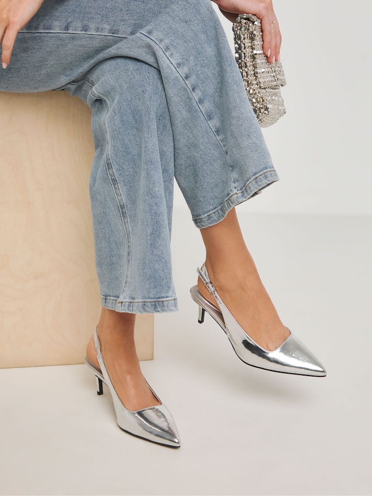 Simply Be Silver Slingback Court Shoes In Wide Fit - Image 1 of 4