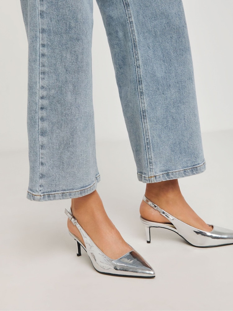 Simply Be Silver Slingback Court Shoes In Wide Fit - Image 2 of 4 Simply Be Silver Slingback Court Shoes In Wide Fit - Image 2 of 4