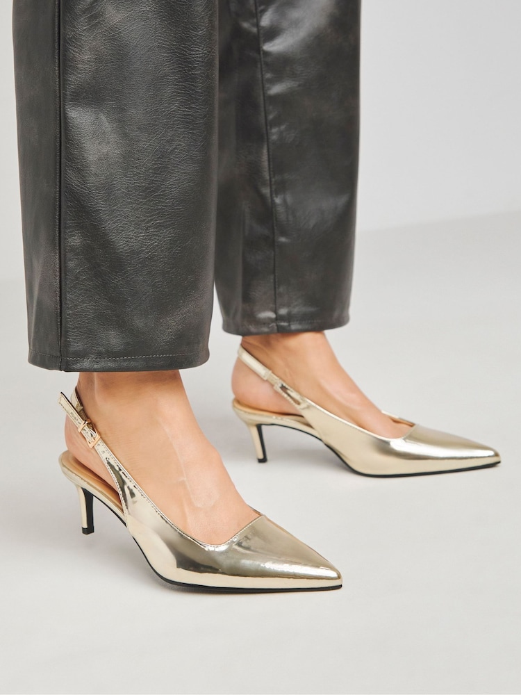 Simply Be Gold Slingback Court Shoes In Extra Wide Fit - Image 1 of 4