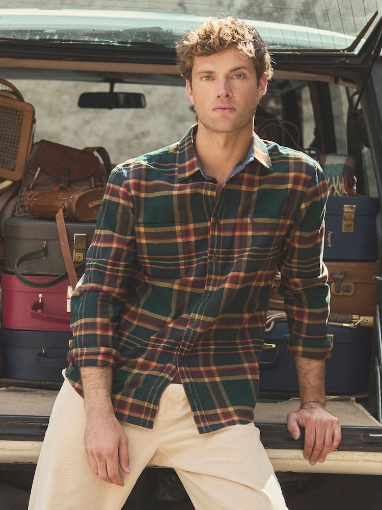 Joules Brushed Flannel Green Cotton Shirt - Image 1 of 14